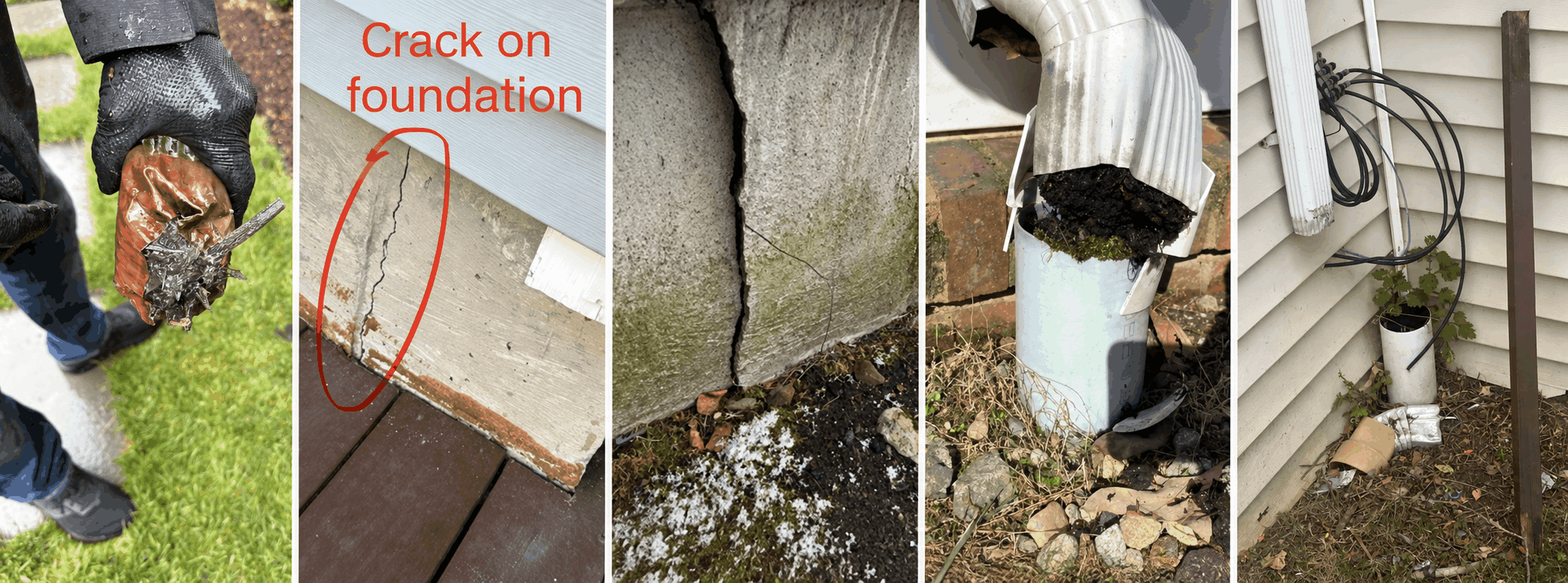 Underground drainage pipe near the foundation with visible clogs and cracks