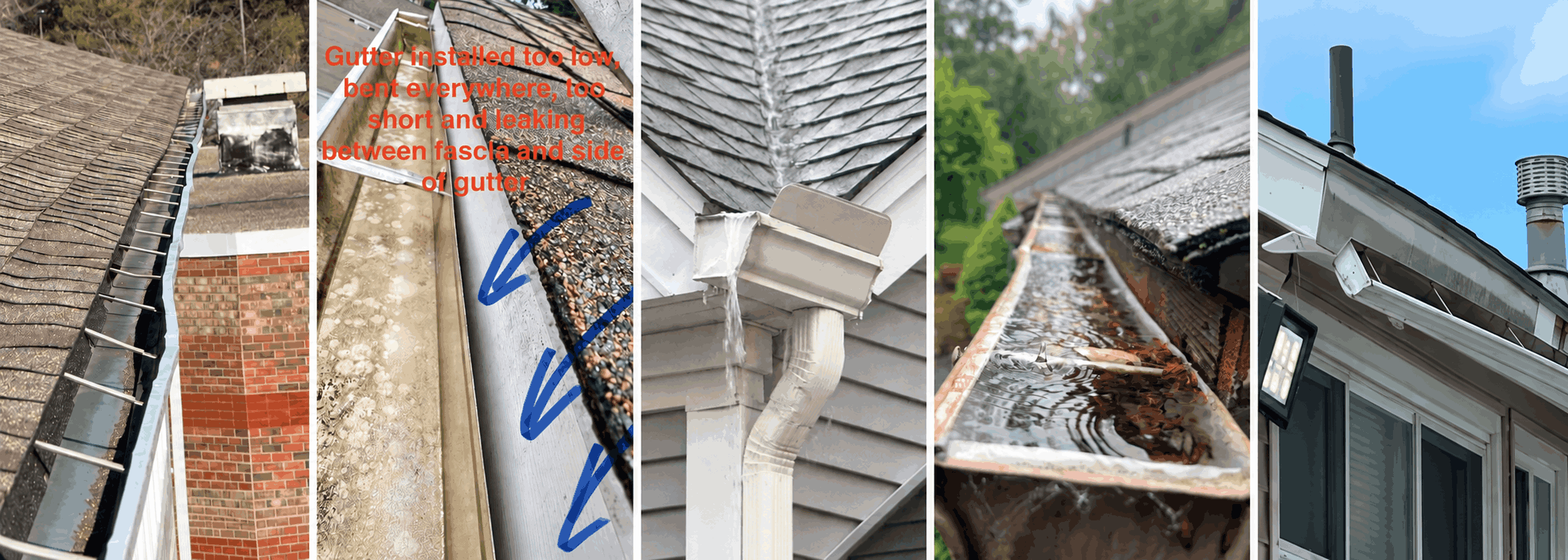 Gutter section with improper pitch affecting water flow