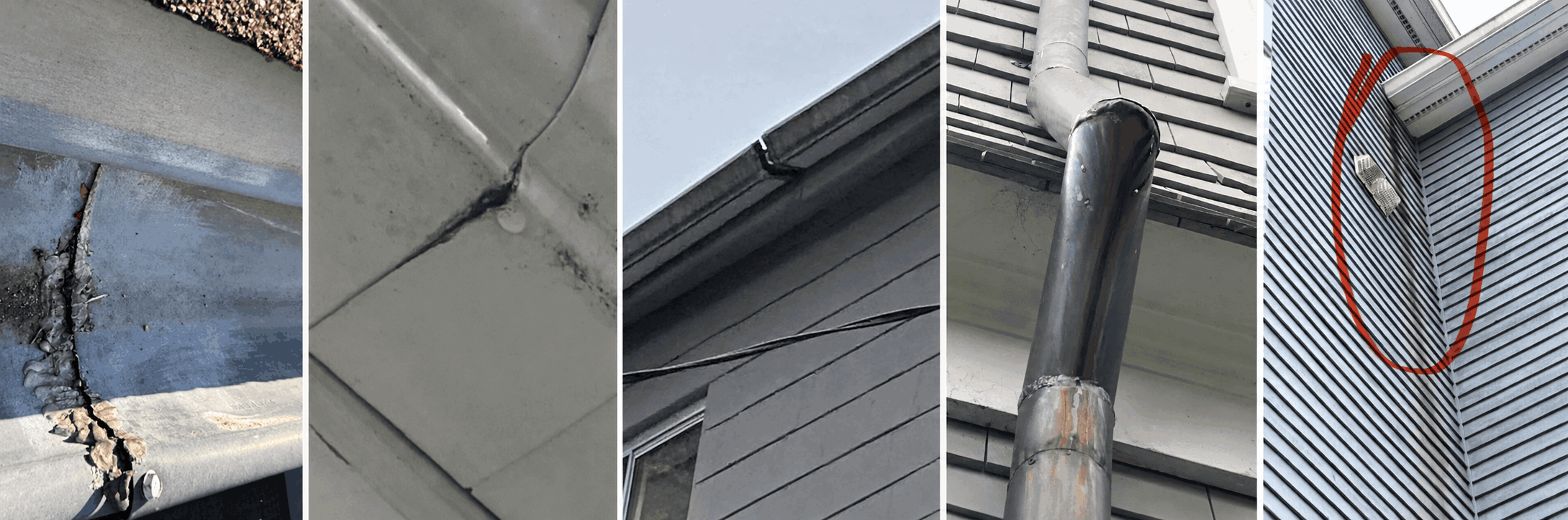 Gutter seam showing separation and leaking