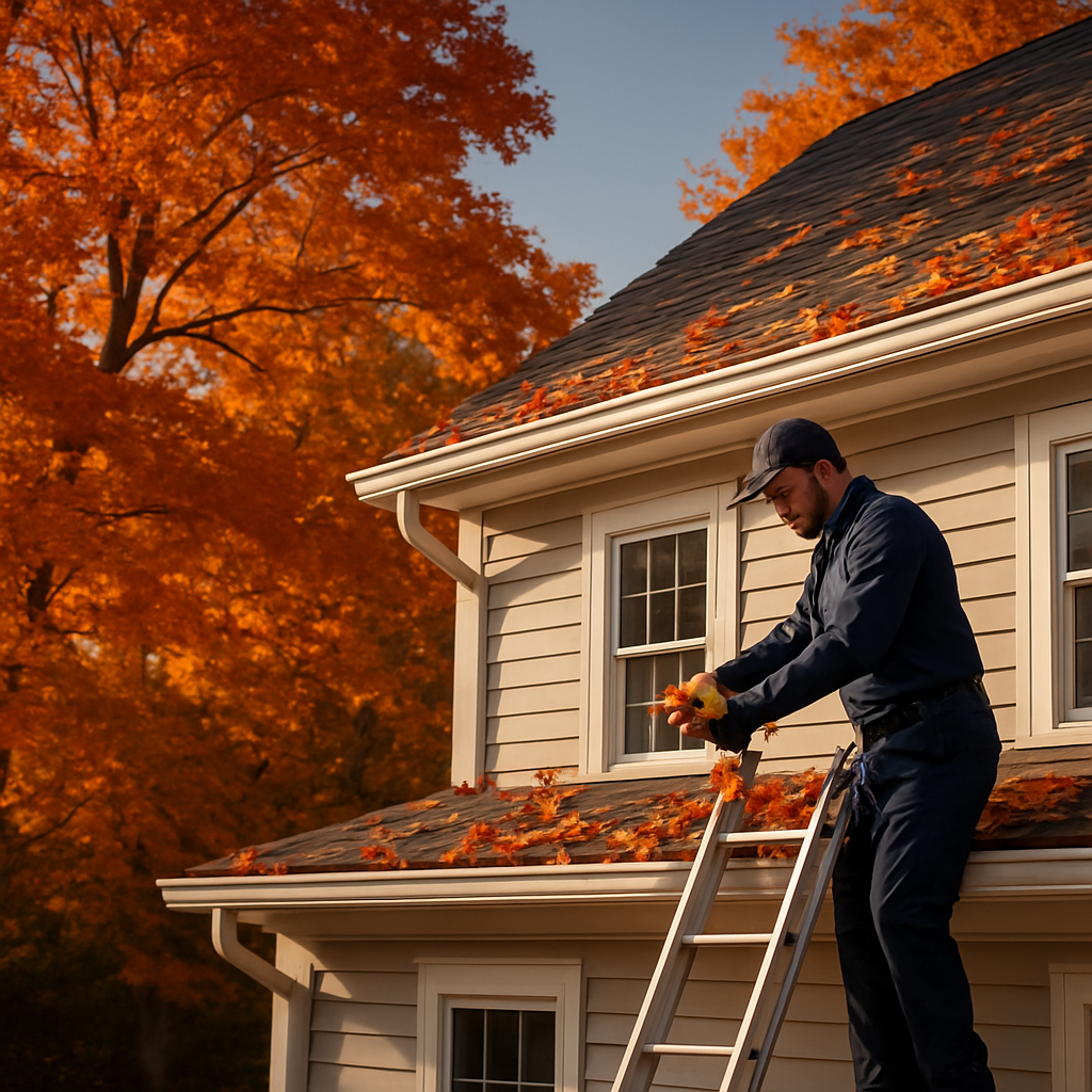 Professional technician performing Seasonal Gutter Guards Maintenance on a New England home surrounded by autumn foliage